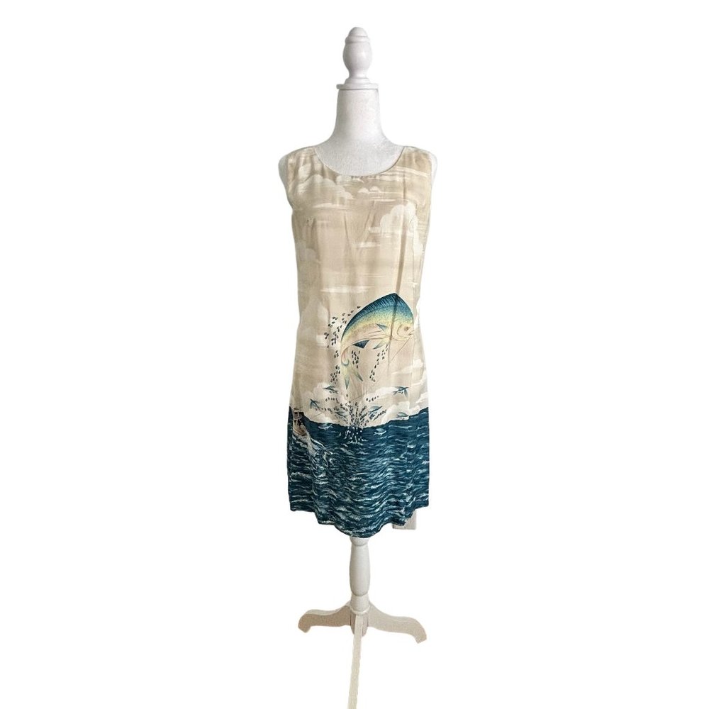 Nautical Coastal Dress with Mahi and Fishing Boat, Size Small